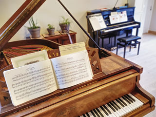 Photo d’un piano à queue Pleyel au première plan avec un piano droit à arrière-plan